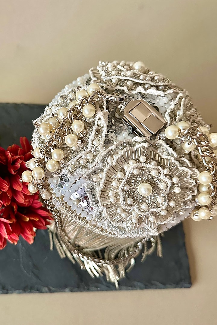 Silver Silk Metallic Chain Embroidered Potli by Nayaab by Sonia at Pernia's Pop Up Shop