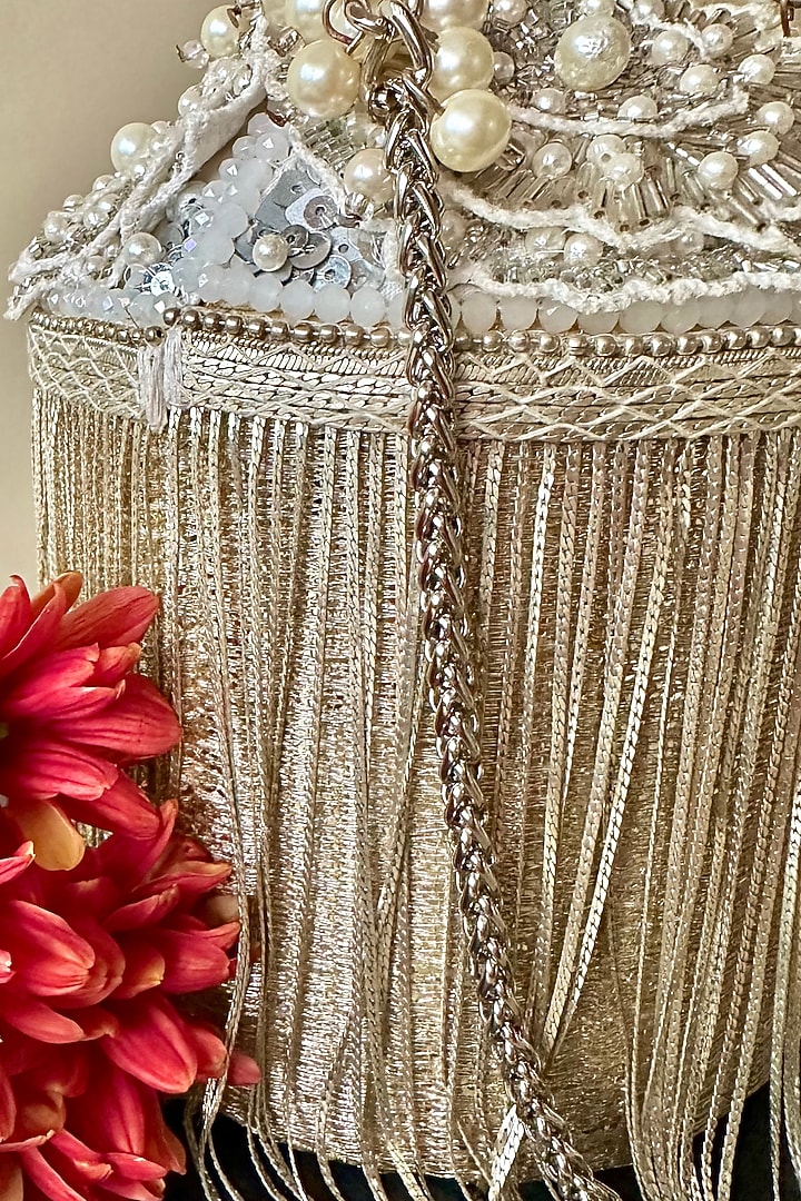 Silver Silk Metallic Chain Embroidered Potli by Nayaab by Sonia at Pernia's Pop Up Shop