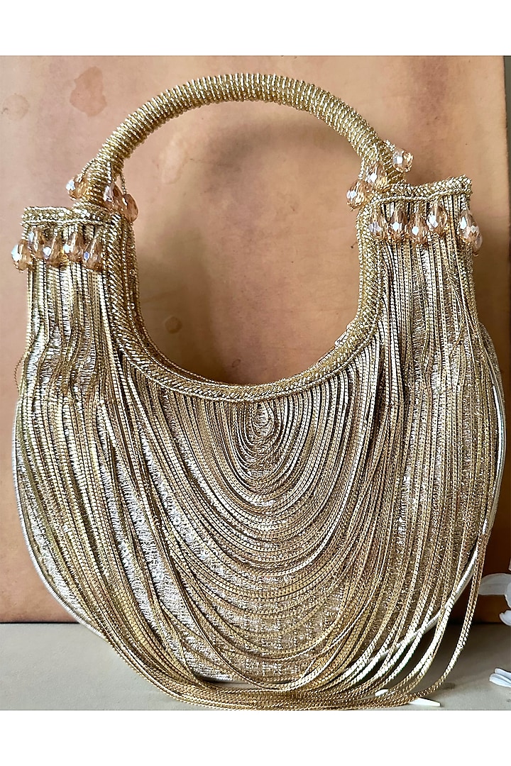 Gold Silk Tassel & Metallic Chain Embroidered Handbag by Nayaab by Sonia
