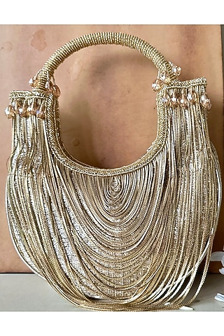 Gold Silk Tassel & Metallic Chain Embroidered Handbag by Nayaab by Sonia