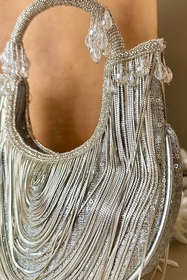 Silver Silk Tassel & Metallic Chain Embroidered Handbag by Nayaab by Sonia at Pernia's Pop Up Shop