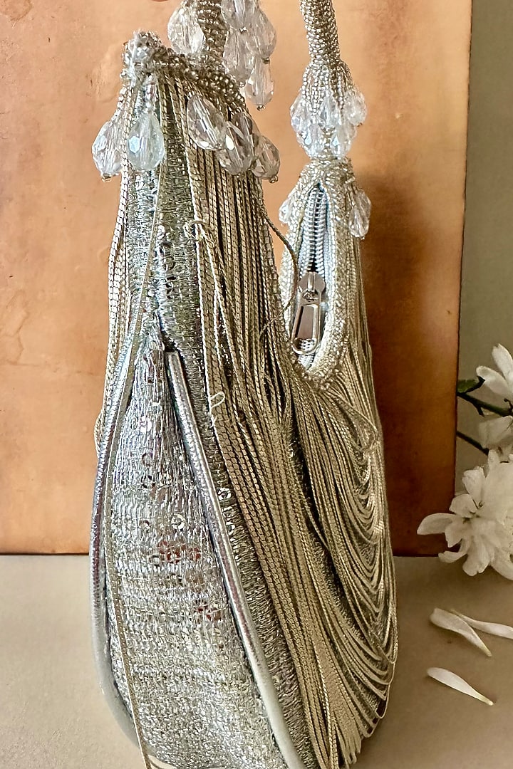 Silver Silk Tassel & Metallic Chain Embroidered Handbag by Nayaab by Sonia at Pernia's Pop Up Shop