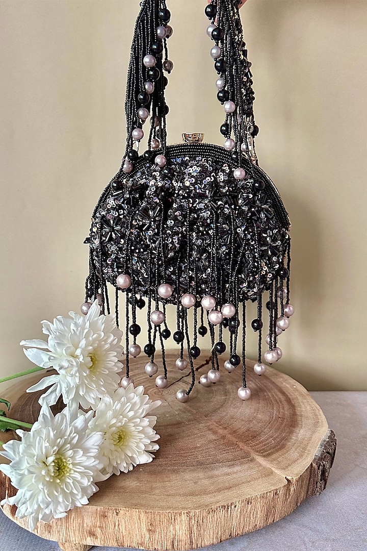Black Silk Sequins & Bead Embroidered Clutch by Nayaab by Sonia