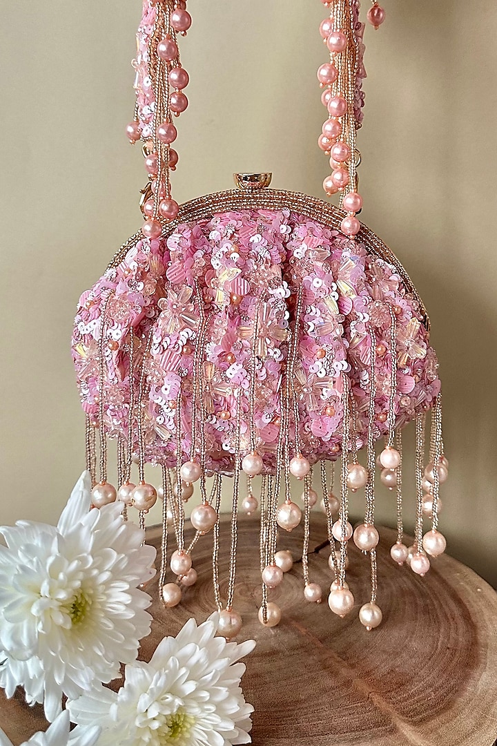 Pink Silk Sequin & Bead Embroidered Clutch by Nayaab by Sonia