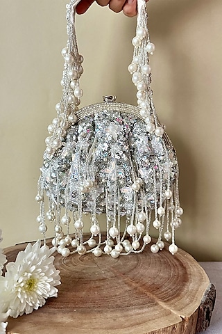 Handmade Silver Clutch Bag with Swarovski Crystal Beads