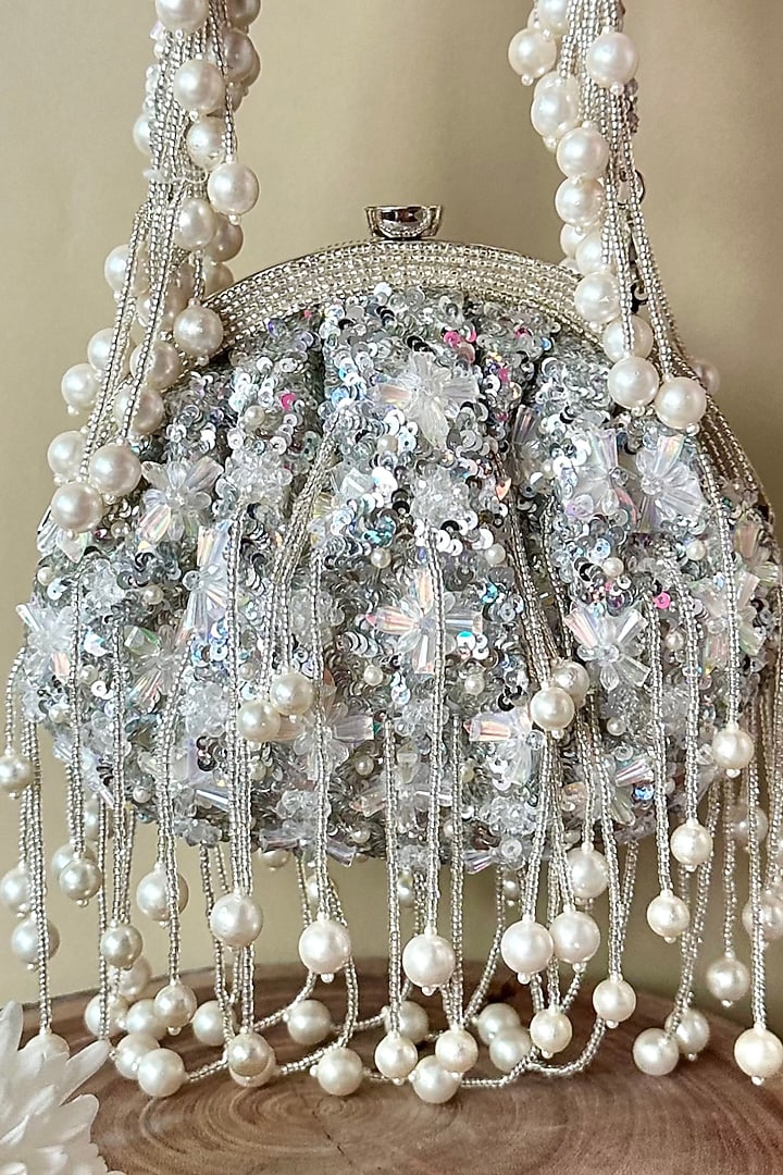 Silver Silk Sequin & Bead Embroidered Clutch by Nayaab by Sonia at Pernia's Pop Up Shop