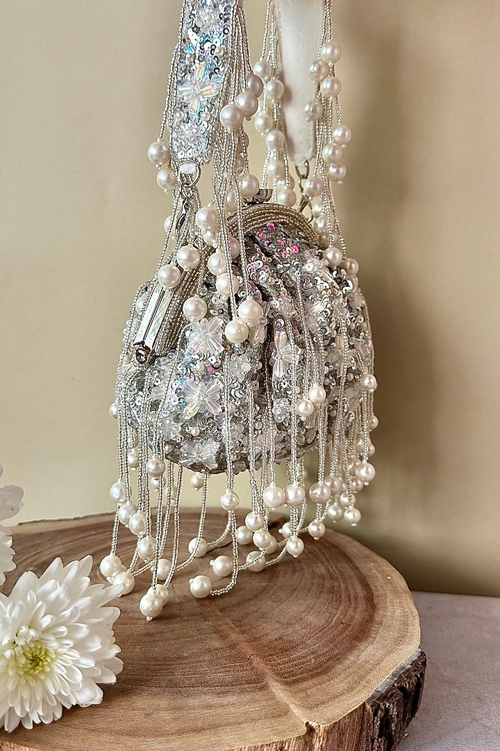 Silver Silk Sequin & Bead Embroidered Clutch by Nayaab by Sonia at Pernia's Pop Up Shop