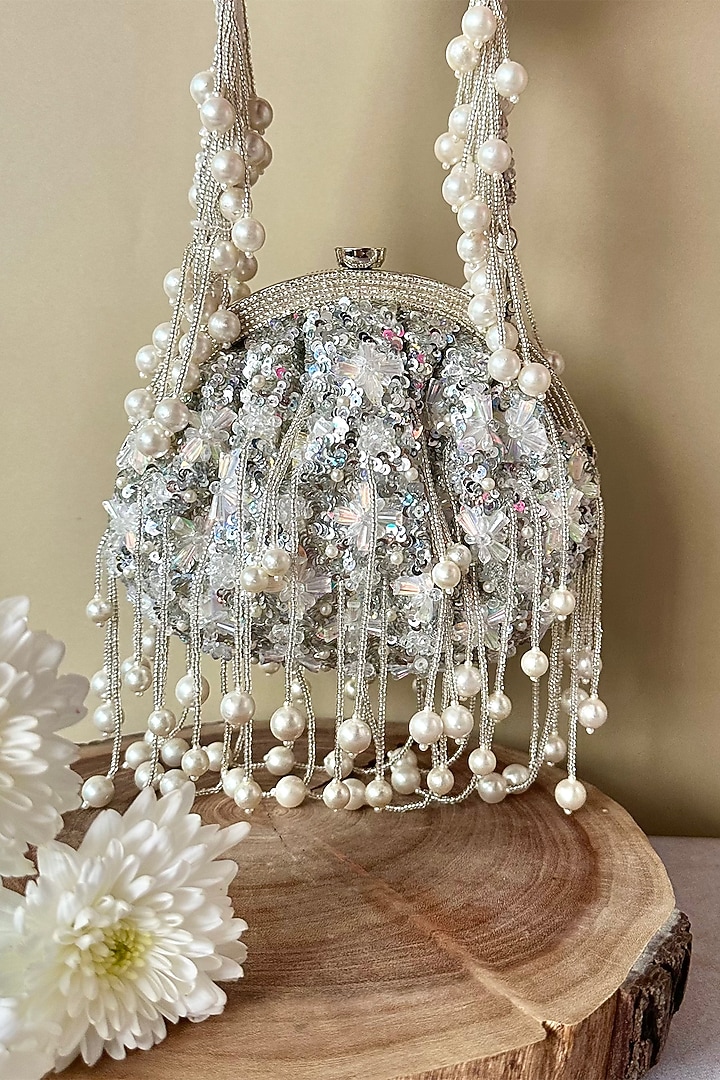 Silver Silk Sequin & Bead Embroidered Clutch by Nayaab by Sonia at Pernia's Pop Up Shop