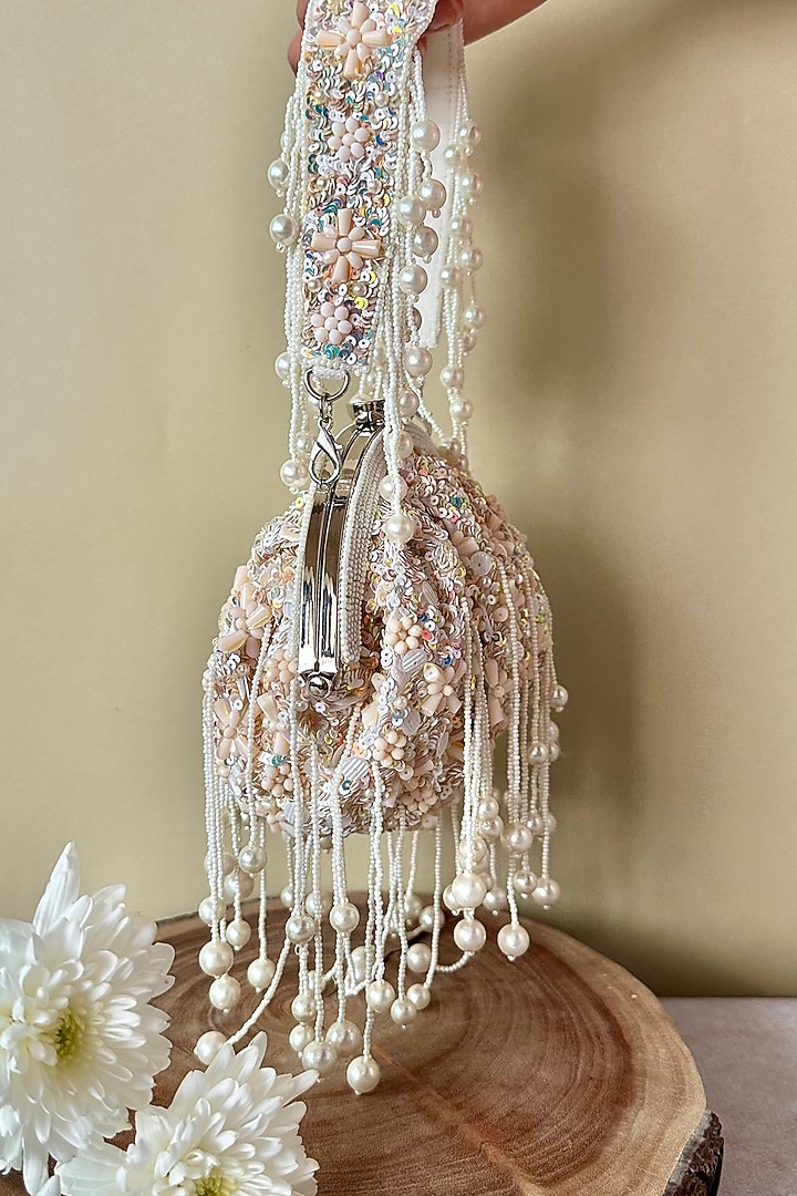 Off-White Silk Sequin & Bead Embroidered Clutch by Nayaab by Sonia at Pernia's Pop Up Shop