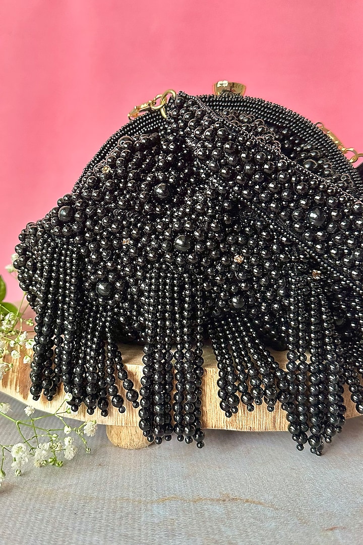 Black Silk Pearl & Tassel Embroidered Clutch by Nayaab by Sonia