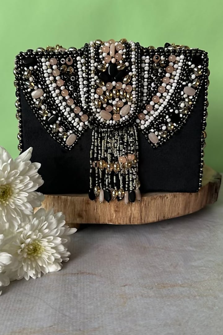 Black Suede Bead Embroidered Box Clutch by Nayaab by Sonia