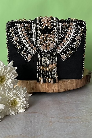 Black Suede Bead Embroidered Box Clutch by Nayaab by Sonia