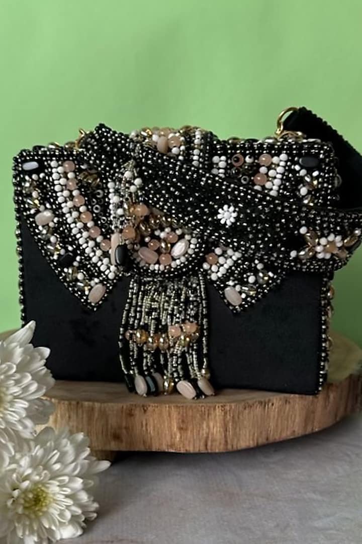 Black Suede Bead Embroidered Box Clutch by Nayaab by Sonia at Pernia's Pop Up Shop