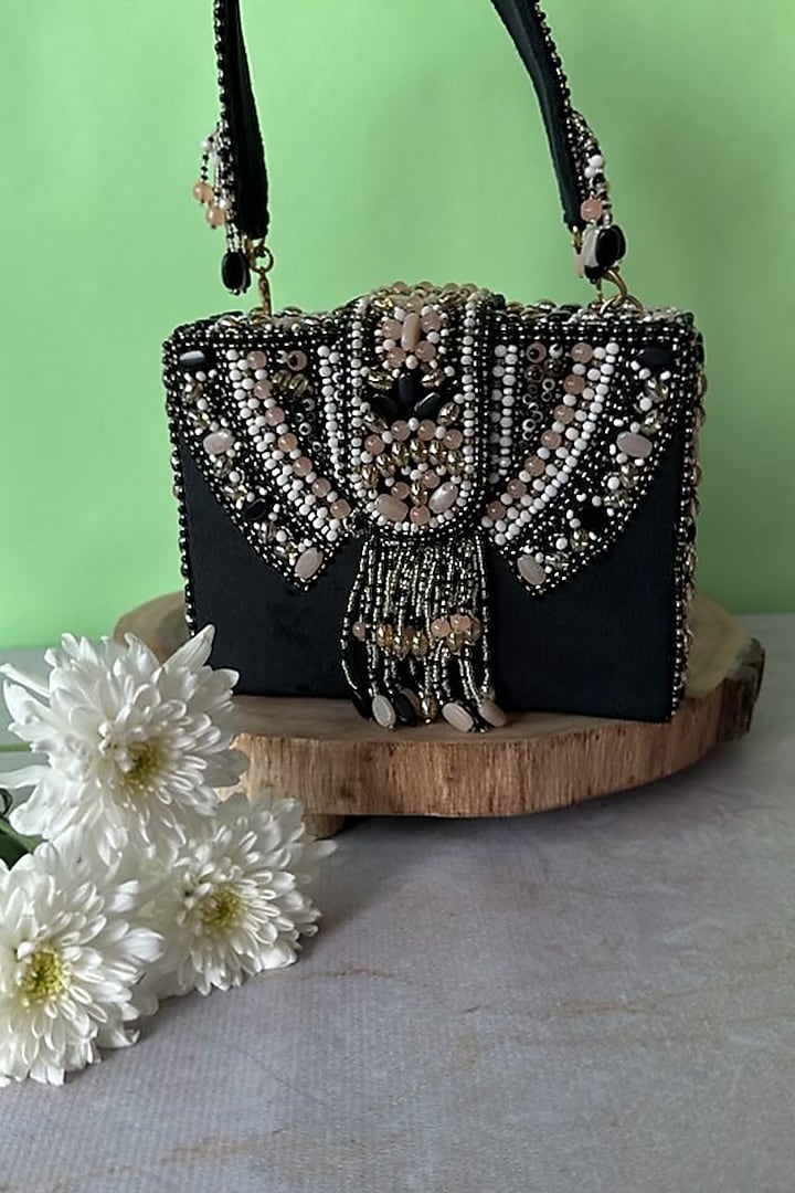 Black Suede Bead Embroidered Box Clutch by Nayaab by Sonia at Pernia's Pop Up Shop