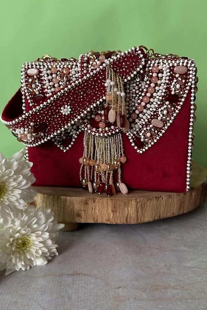 Red Suede Bead Embroidered Box Clutch by Nayaab by Sonia