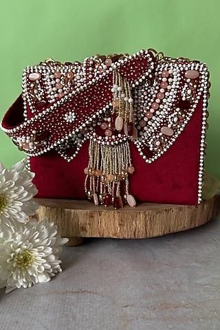 Red Suede Bead Embroidered Box Clutch by Nayaab by Sonia