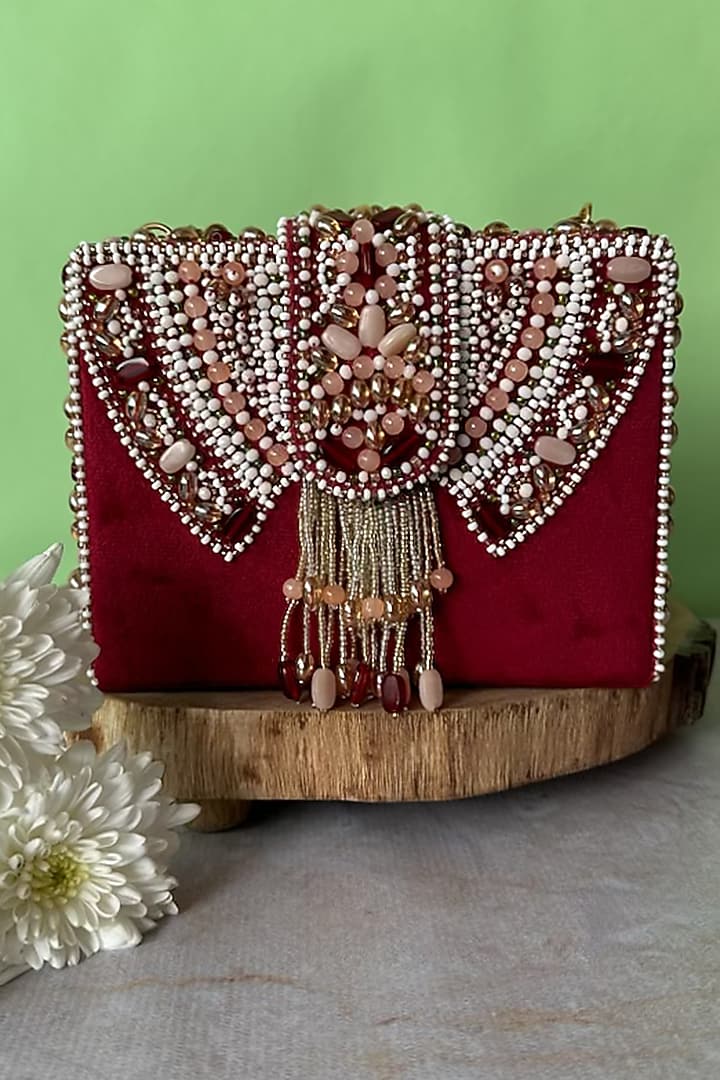 Red Suede Bead Embroidered Box Clutch by Nayaab by Sonia at Pernia's Pop Up Shop