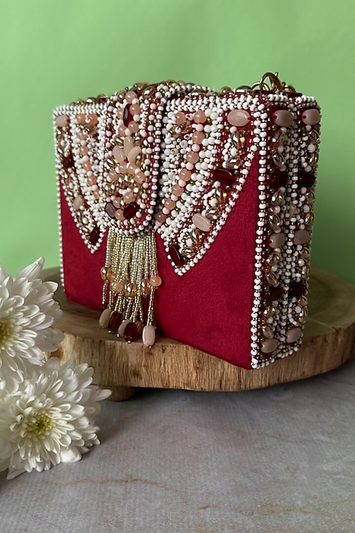 Red Suede Bead Embroidered Box Clutch by Nayaab by Sonia at Pernia's Pop Up Shop