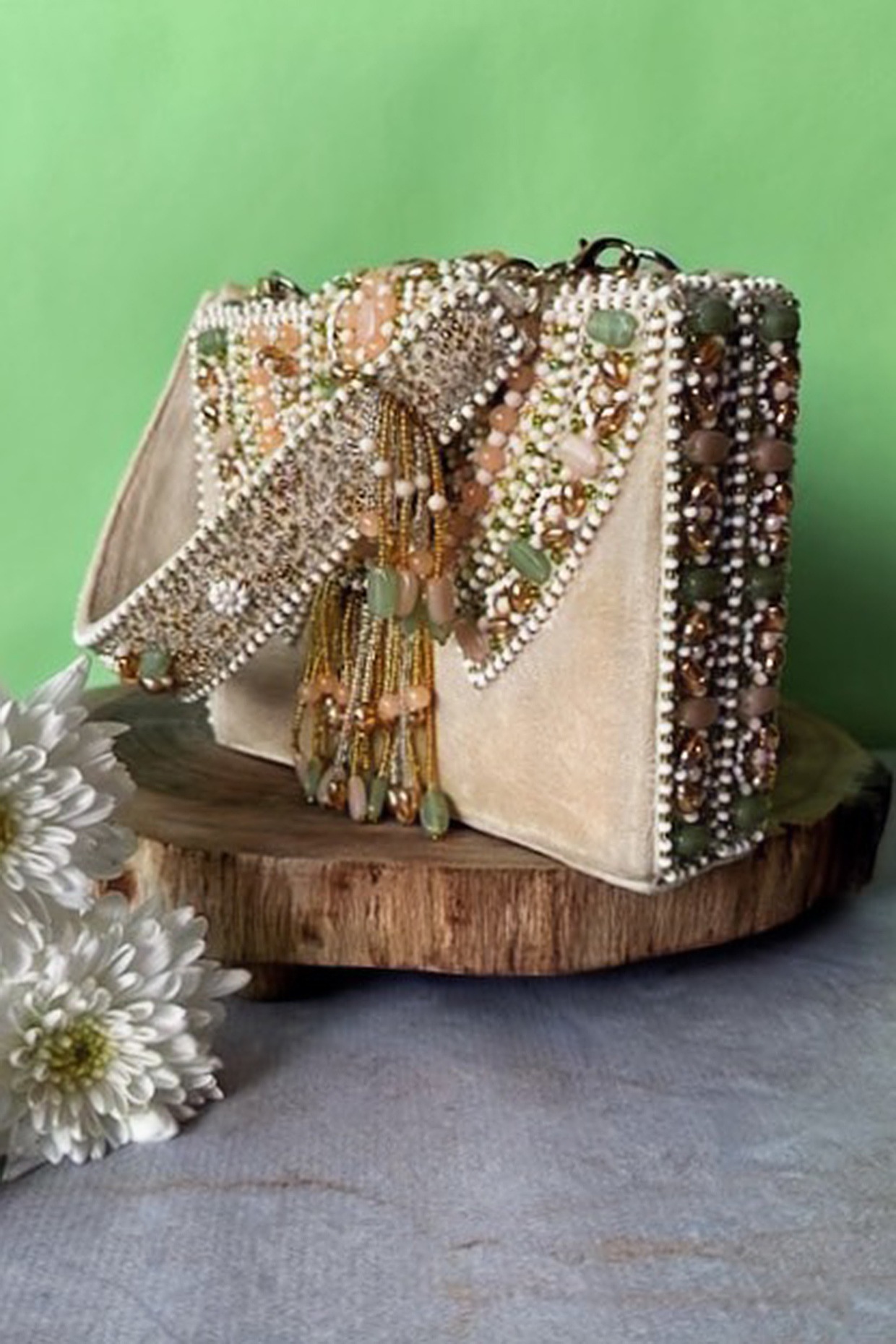 Ivory Suede Bead Embroidered Box Clutch Design by Nayaab by Sonia