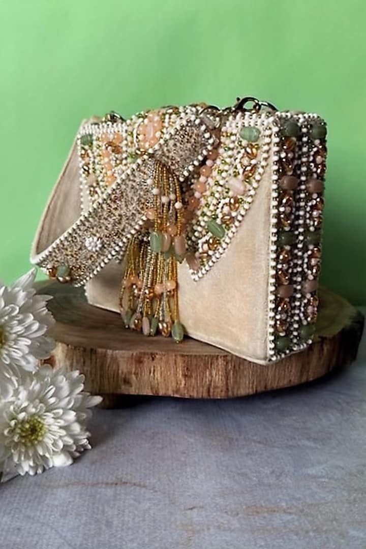 Ivory Suede Bead Embroidered Box Clutch by Nayaab by Sonia