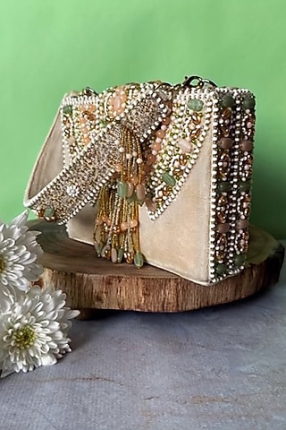 Ivory Suede Bead Embroidered Box Clutch by Nayaab by Sonia