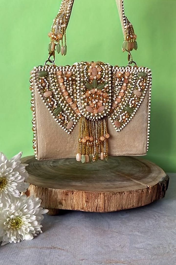 Ivory Suede Bead Embroidered Box Clutch by Nayaab by Sonia at Pernia's Pop Up Shop