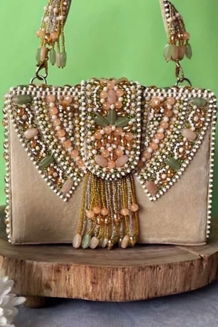 Ivory Suede Bead Embroidered Box Clutch by Nayaab by Sonia at Pernia's Pop Up Shop