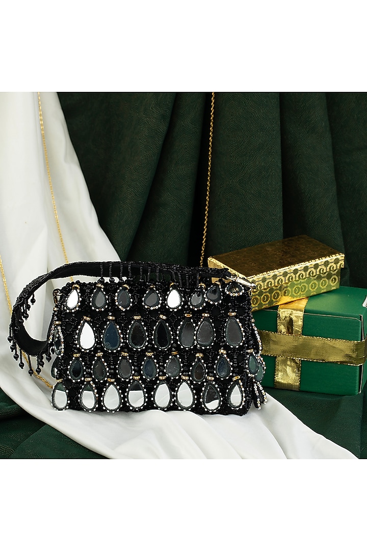 Black Suede Mirror & Bead Work Box-Shaped Potli Bag by Nayaab by Sonia at Pernia's Pop Up Shop