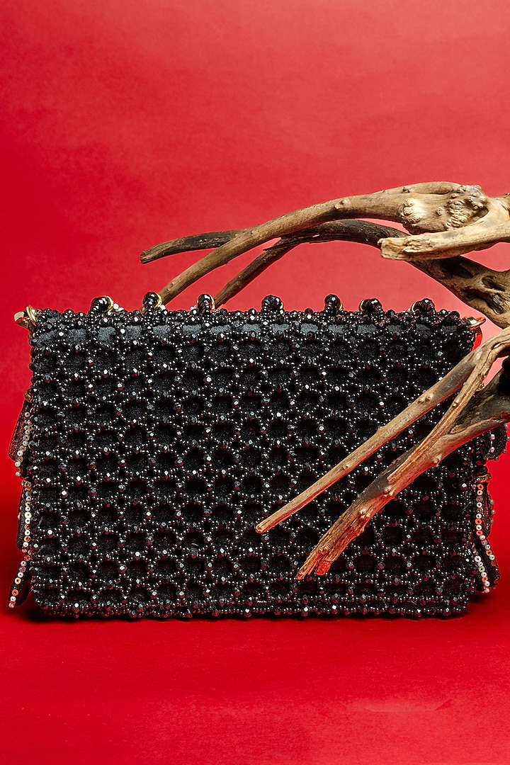 Black Suede Mirror & Bead Work Box-Shaped Potli Bag by Nayaab by Sonia at Pernia's Pop Up Shop