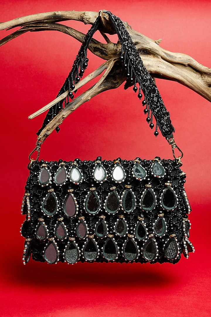 Black Suede Mirror & Bead Work Box-Shaped Potli Bag by Nayaab by Sonia at Pernia's Pop Up Shop