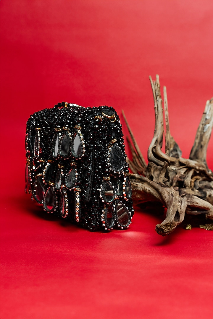 Black Suede Mirror & Bead Work Box-Shaped Potli Bag by Nayaab by Sonia at Pernia's Pop Up Shop