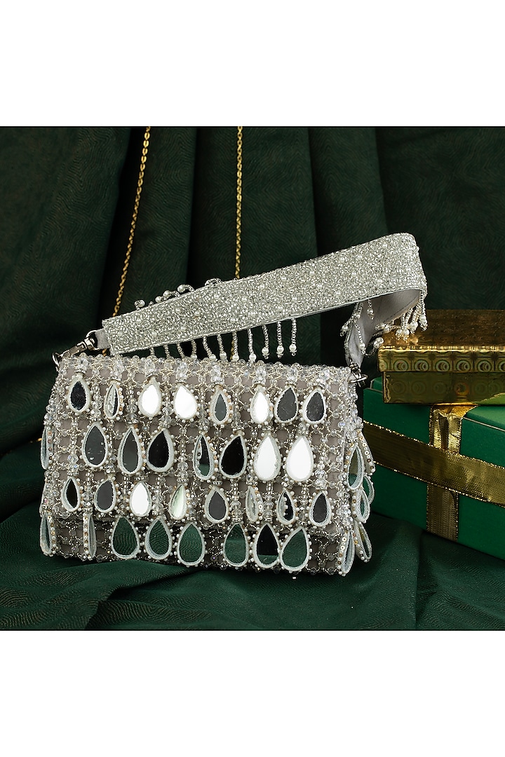 Silver Suede Mirror & Bead Work Box-Shaped Potli Bag by Nayaab by Sonia at Pernia's Pop Up Shop