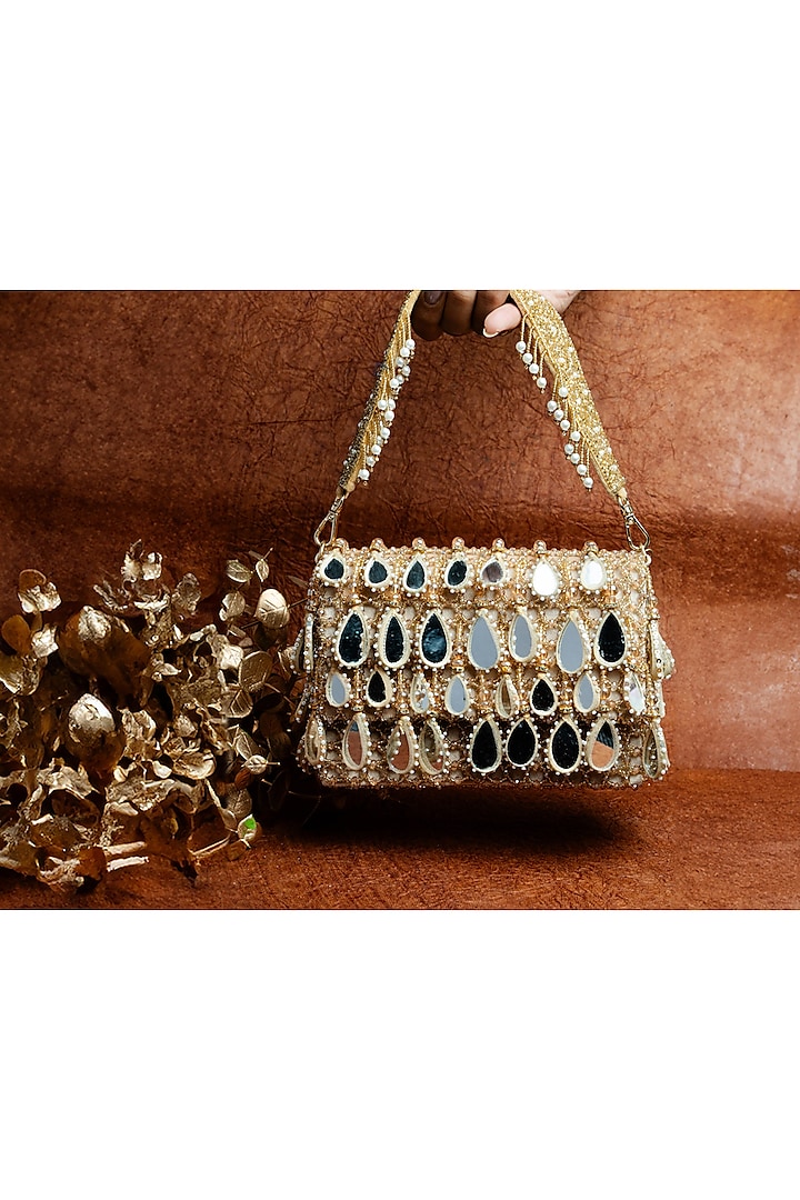 Gold Suede Mirror & Bead Work Box-Shaped Potli Bag by Nayaab by Sonia at Pernia's Pop Up Shop