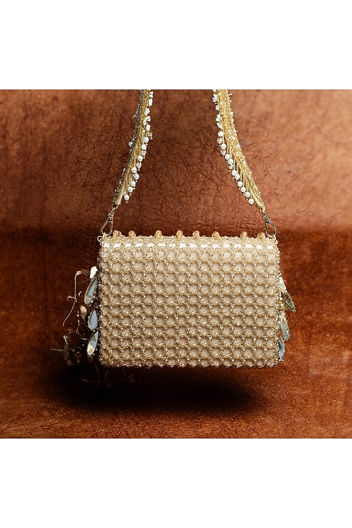 Gold Suede Mirror & Bead Work Box-Shaped Potli Bag by Nayaab by Sonia at Pernia's Pop Up Shop