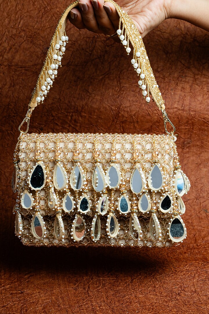 Gold Suede Mirror & Bead Work Box-Shaped Potli Bag by Nayaab by Sonia at Pernia's Pop Up Shop