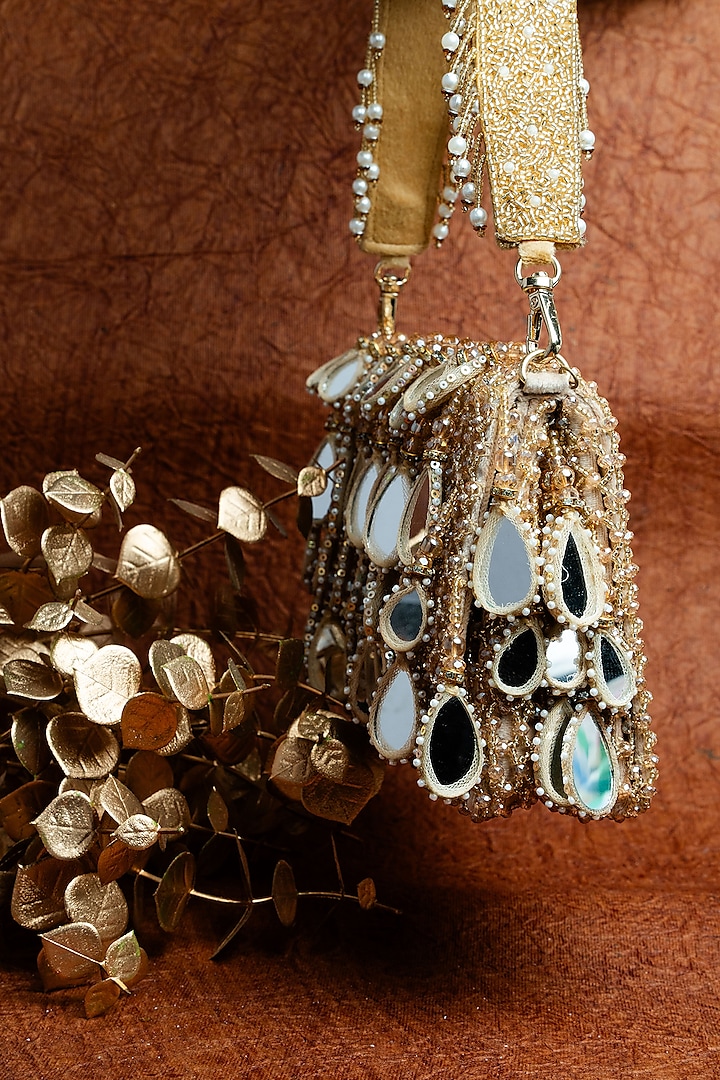 Gold Suede Mirror & Bead Work Box-Shaped Potli Bag by Nayaab by Sonia at Pernia's Pop Up Shop