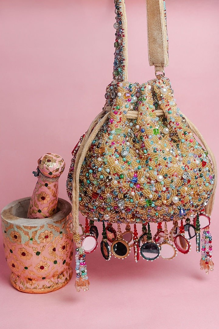Gold Silk Mirror Embroidered Potli Bag by Nayaab by Sonia at Pernia's Pop Up Shop