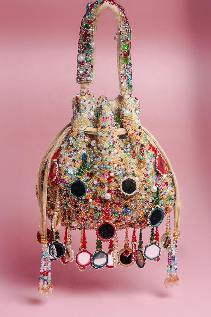 Gold Silk Mirror Embroidered Potli Bag by Nayaab by Sonia at Pernia's Pop Up Shop