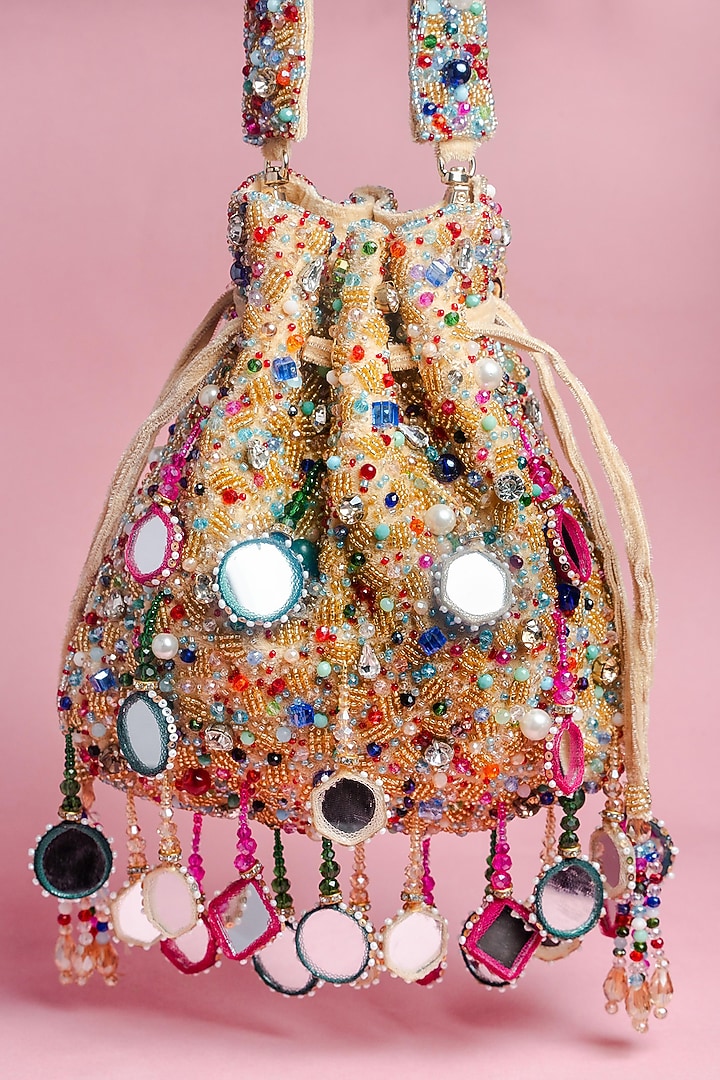 Gold Silk Mirror Embroidered Potli Bag by Nayaab by Sonia at Pernia's Pop Up Shop