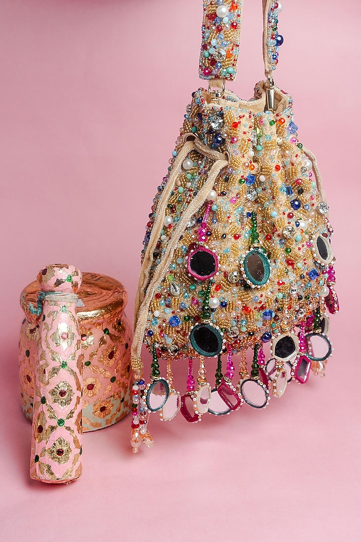 Gold Silk Mirror Embroidered Potli Bag by Nayaab by Sonia at Pernia's Pop Up Shop