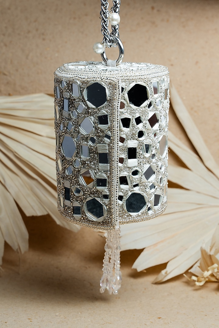 Light Silver & White Silk Mirror Embroidered Cylindrical Potli Bag by Nayaab by Sonia at Pernia's Pop Up Shop