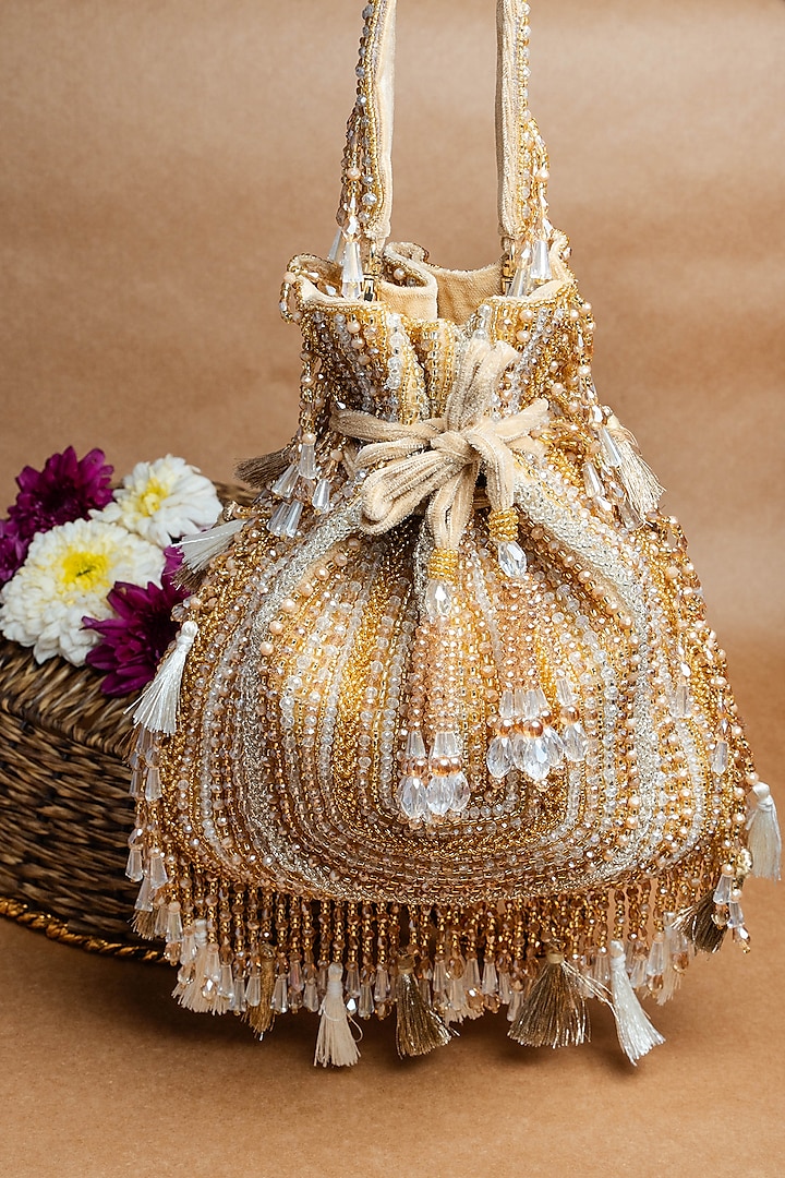 Gold Silk Bead Embroidered Potli Bag by Nayaab by Sonia