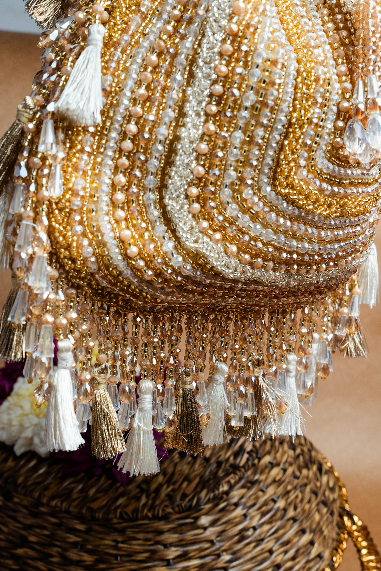 Wine Purple Gold Embroidery Potli Bag With Pearl Handle / Indian