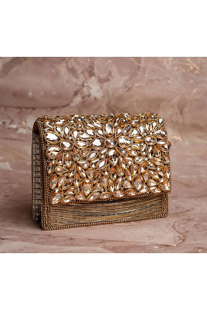 Gold Silk Embroidered Box Clutch by Nayaab by Sonia at Pernia's Pop Up Shop