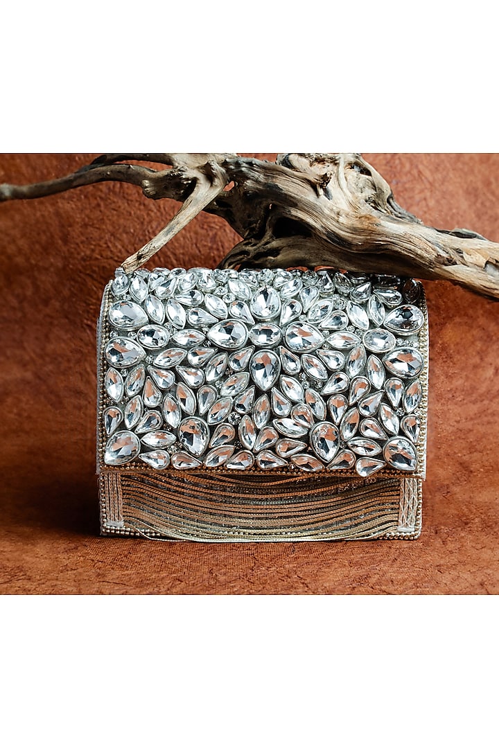 Silver Silk Embroidered Box Clutch by Nayaab by Sonia at Pernia's Pop Up Shop