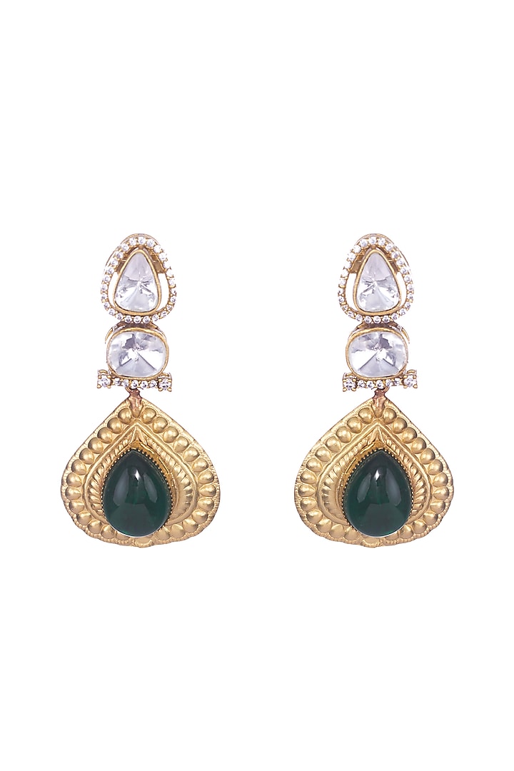 Gold Finish Kundan Polki & Emerald Stone Dangler Earrings by Nayaab by Sonia at Pernia's Pop Up Shop