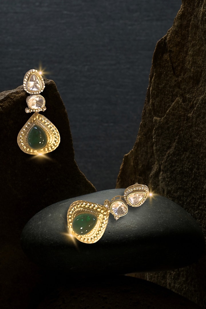 Gold Finish Kundan Polki & Emerald Stone Dangler Earrings by Nayaab by Sonia at Pernia's Pop Up Shop