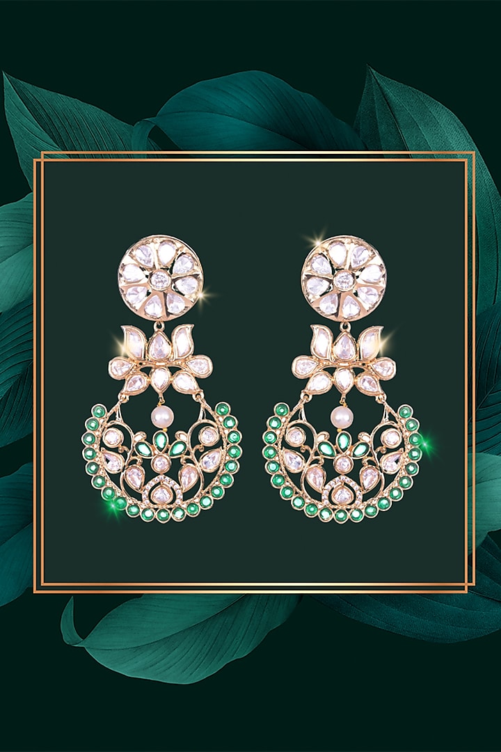 Gold Finish CZ Diamond & Emerald Green Stone Dangler Earrings by Nayaab by Sonia at Pernia's Pop Up Shop