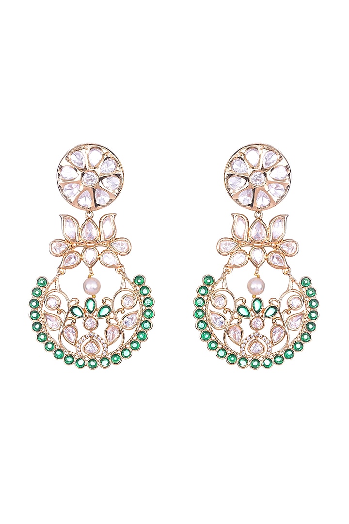 Gold Finish CZ Diamond & Emerald Green Stone Dangler Earrings by Nayaab by Sonia at Pernia's Pop Up Shop