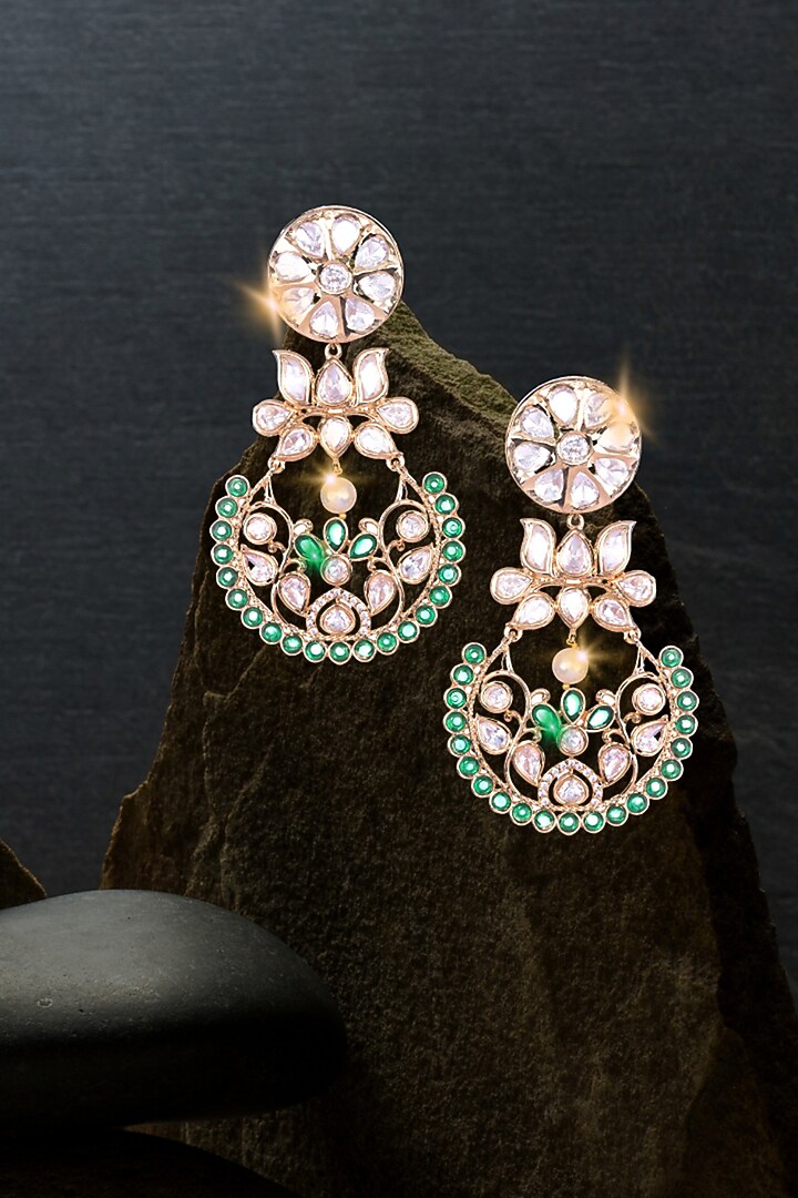 Gold Finish CZ Diamond & Emerald Green Stone Dangler Earrings by Nayaab by Sonia at Pernia's Pop Up Shop